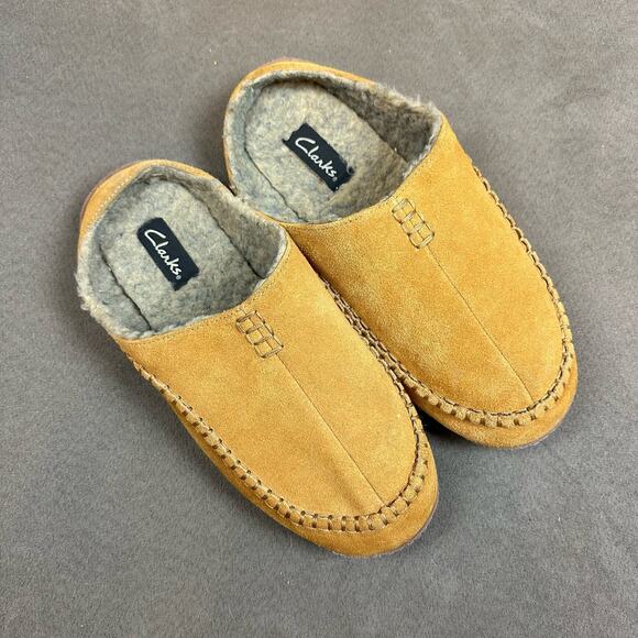 Clarks Leather Suede Baseball Stitch Clog Slipper Slip-On Round Toe Tan Men 11M - Picture 2 of 6